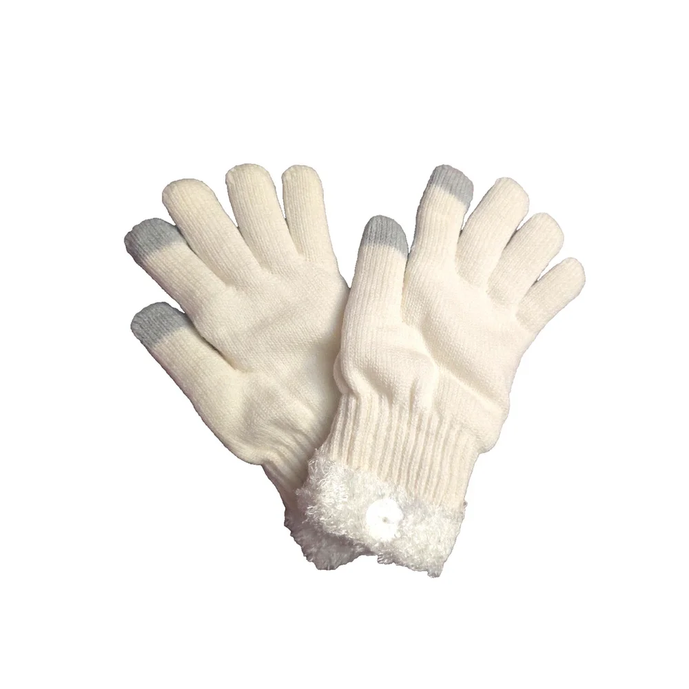 On 34th Ivory Rib Stitch Fuzzy Cuff Cream & Gray Knit Gloves Sz One Size NWT